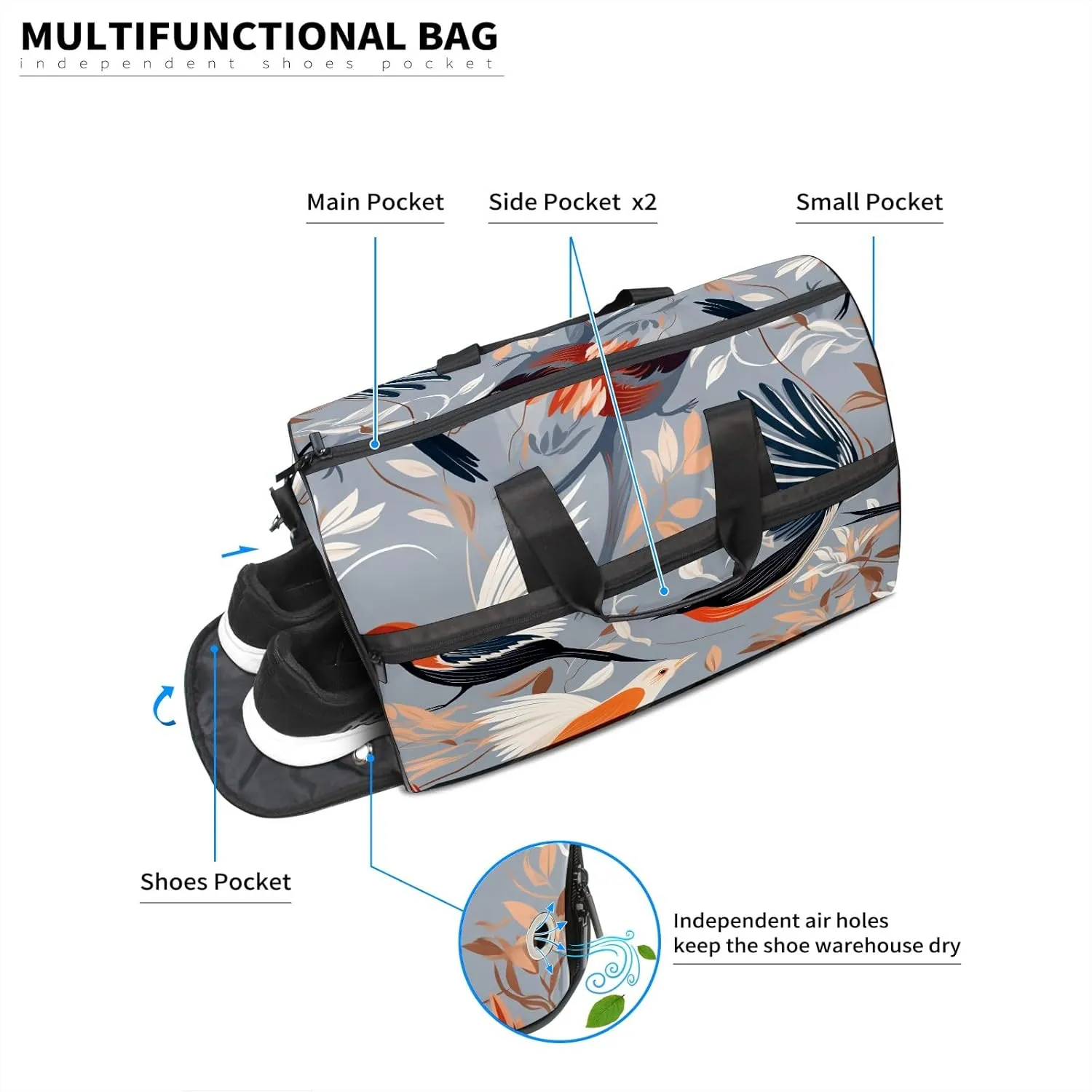 Gym Bag for Women, Carry on Weekender Overnight Bag, Travel Duffel Bags, Personal Item Travel Bag Tote Bag Workout Dance Bag, Chinese Painting Bird - 1