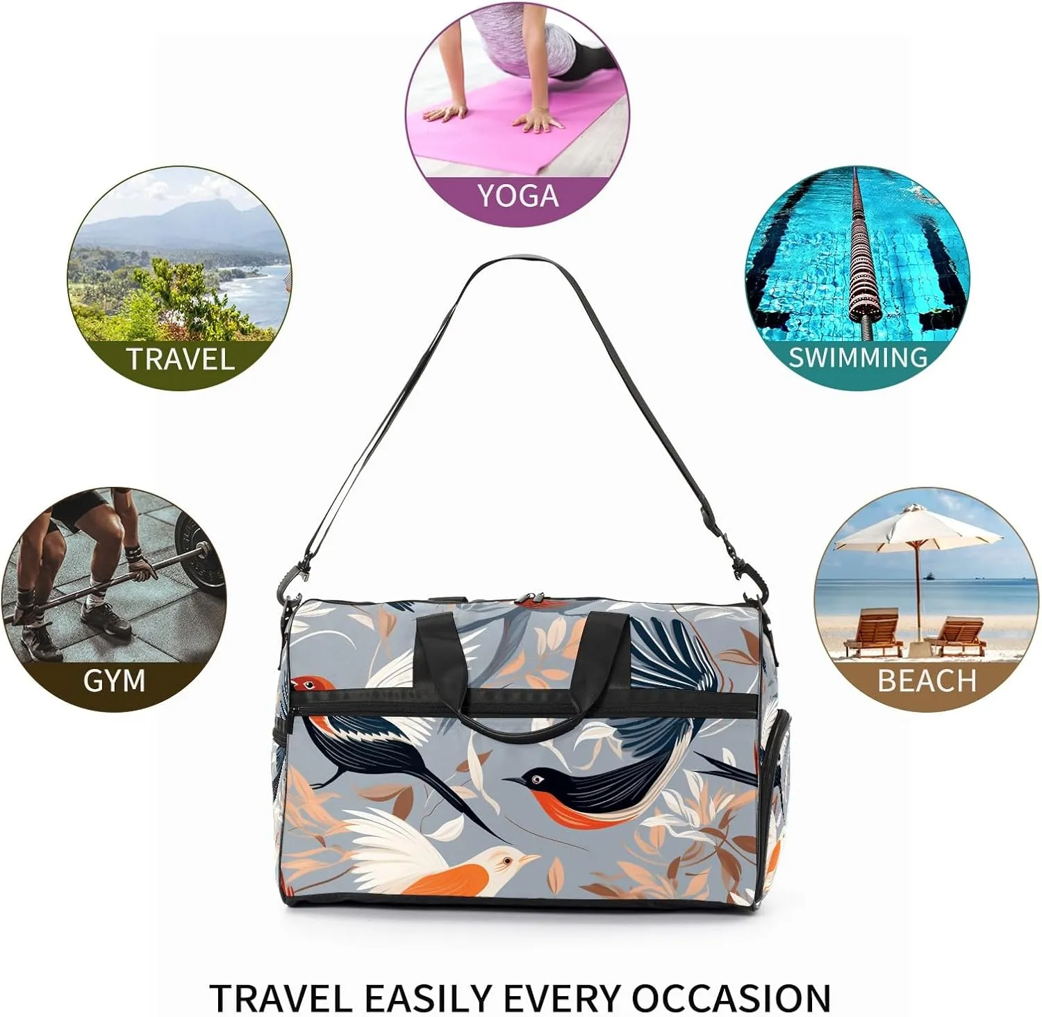Gym Bag for Women, Carry on Weekender Overnight Bag, Travel Duffel Bags, Personal Item Travel Bag Tote Bag Workout Dance Bag, Chinese Painting Bird - 1