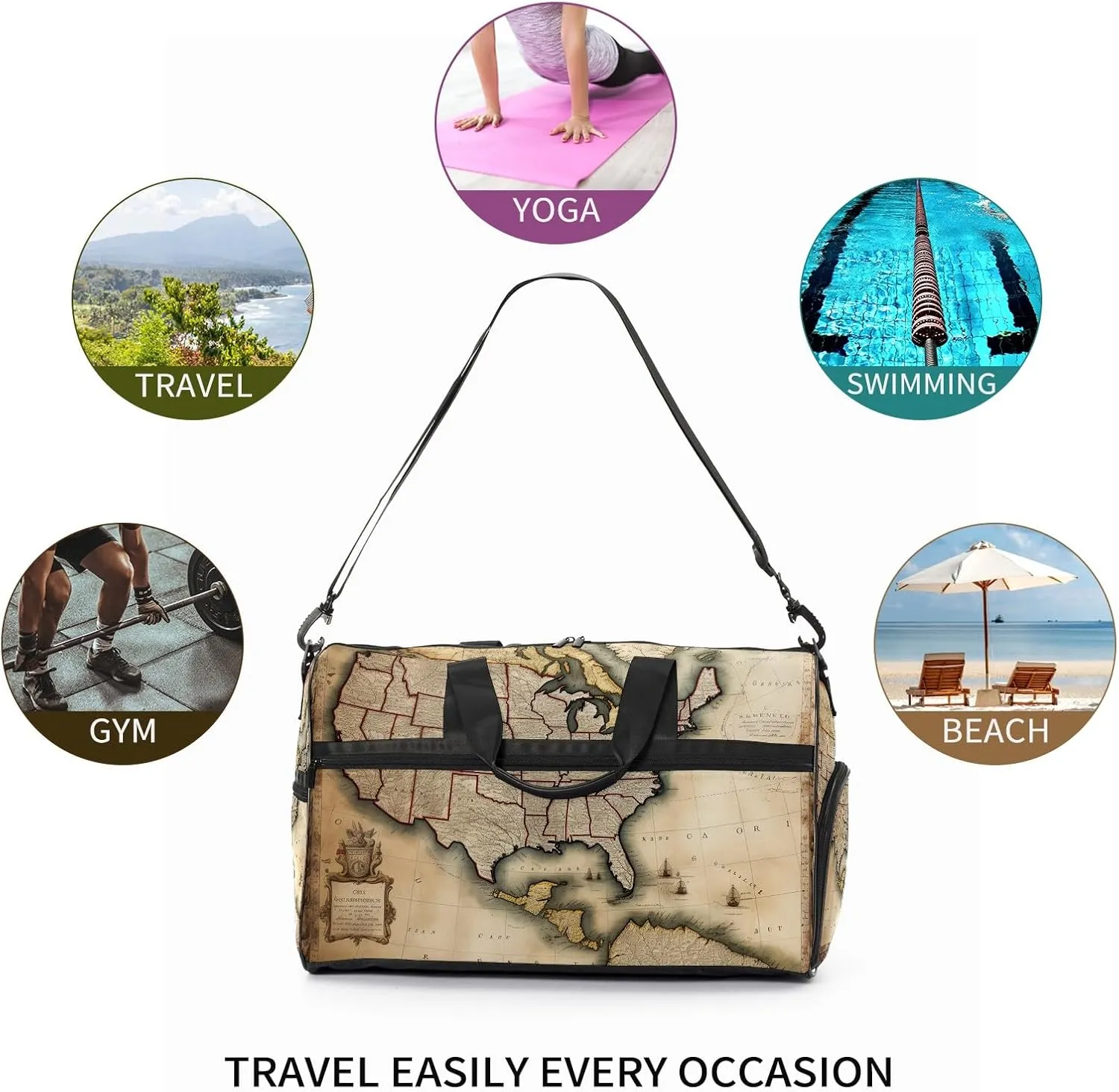 Gym Bag for Women Men, Yoga Bag with Shoe Pocket, Travel Duffel Tote Bag for Plane, Workout, Swimming, Weekend Overnight Bag Carry on Bag Hospital Holdalls, America Map - 28