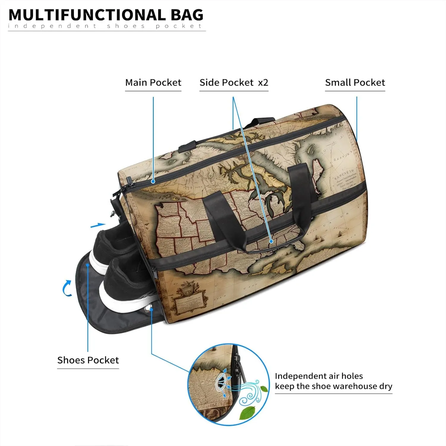 Gym Bag for Women Men, Yoga Bag with Shoe Pocket, Travel Duffel Tote Bag for Plane, Workout, Swimming, Weekend Overnight Bag Carry on Bag Hospital Holdalls, America Map - 28