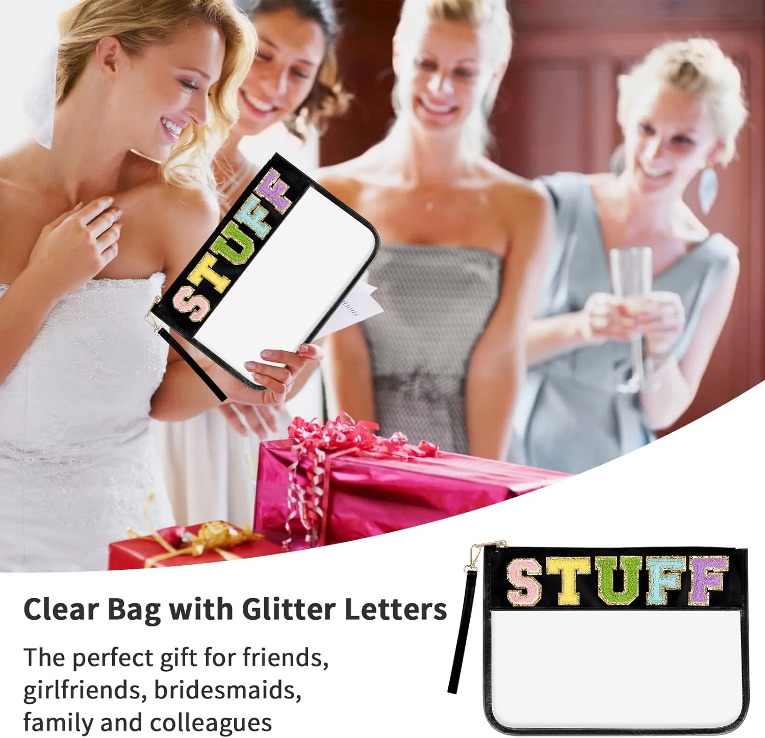 Iqimott Monogram Letter Clear Bag Purse, Chenille Glitter Letter Makeup Cosmetic Bag Patch Zipper Toiletry Pouch, Portable Travel Beach Snack Wristlet Bag for Women Girls(Stuff, Black)