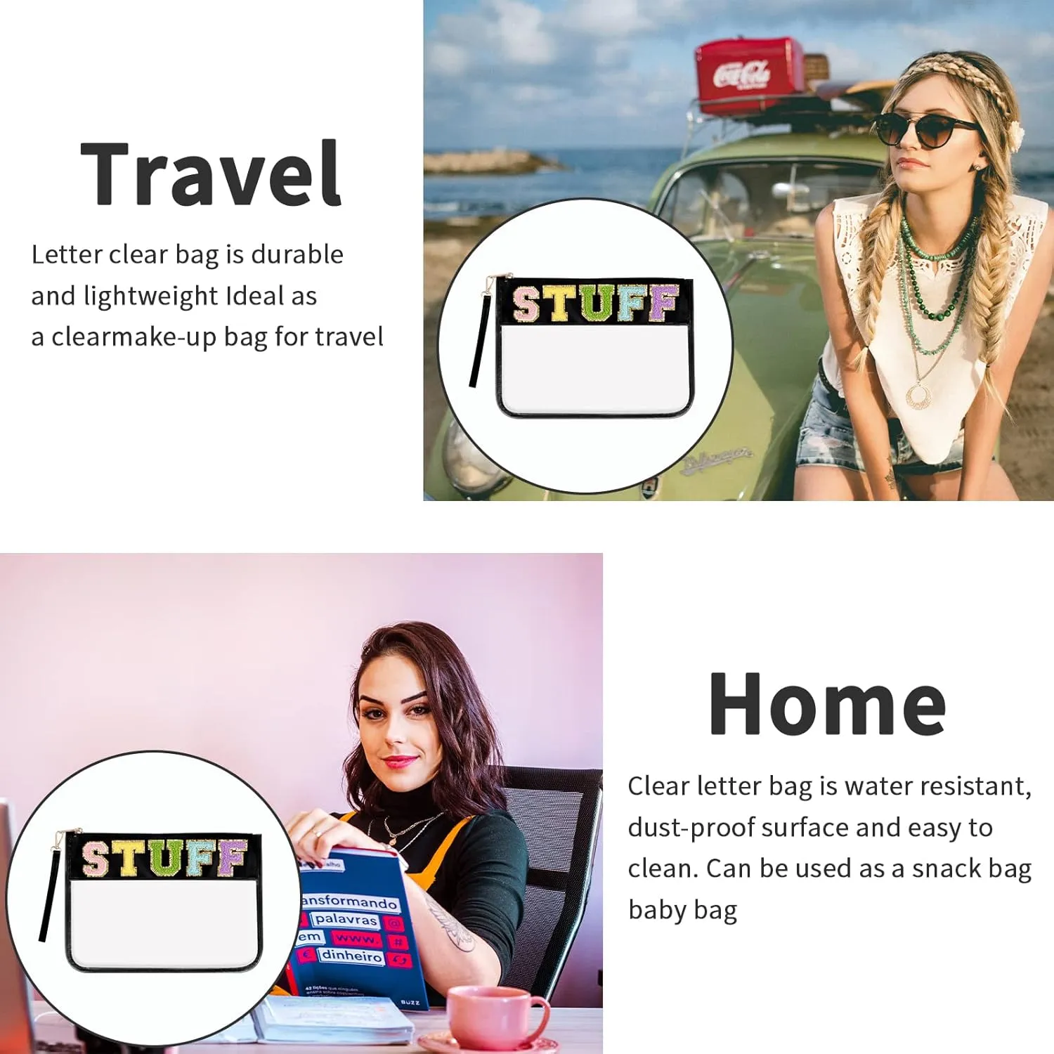 Iqimott Monogram Letter Clear Bag Purse, Chenille Glitter Letter Makeup Cosmetic Bag Patch Zipper Toiletry Pouch, Portable Travel Beach Snack Wristlet Bag for Women Girls(Stuff, Black)