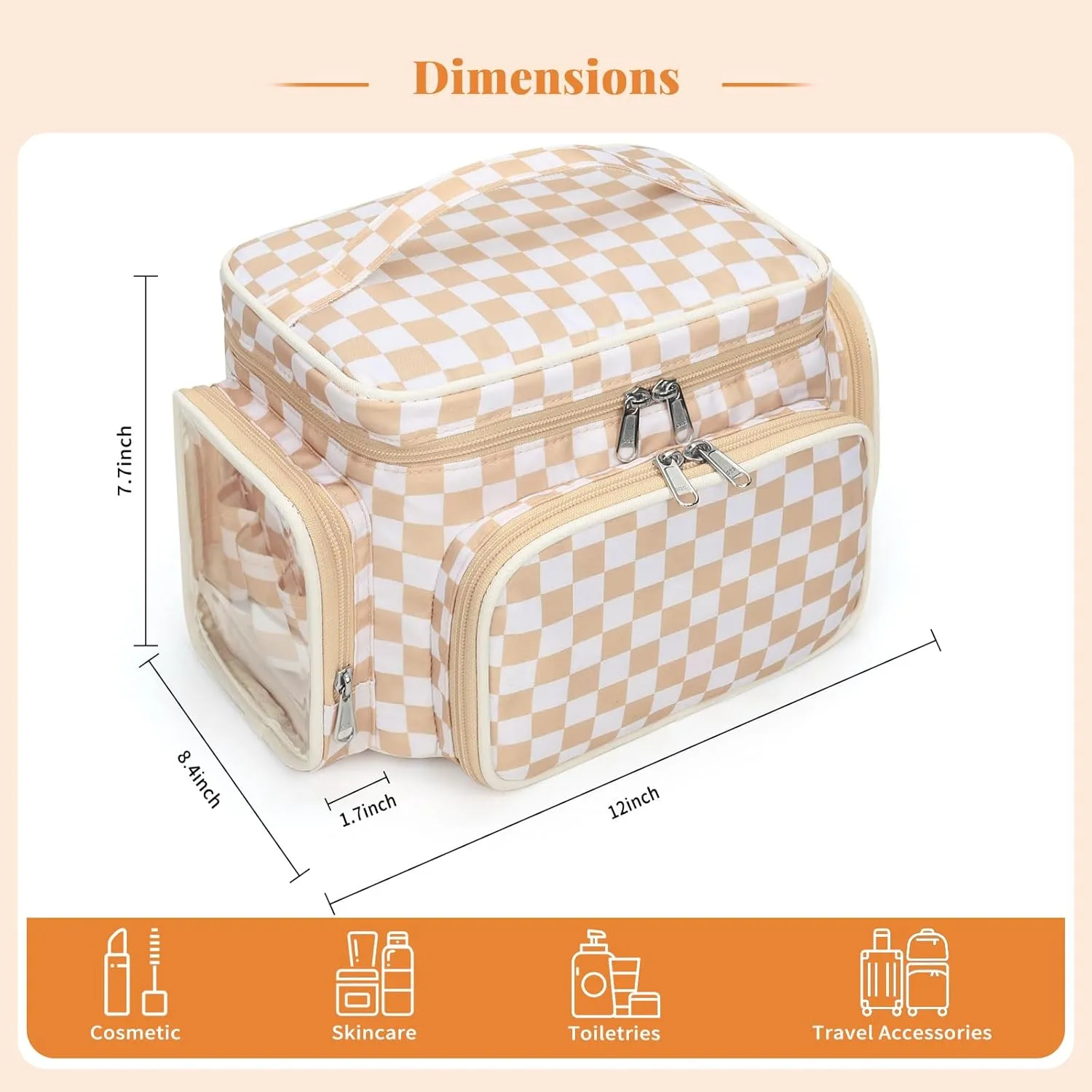 Large Makeup Bag, Portable Travel Makeup Bag Organizer for Women Girls with Makeup Brush Compartment & Two Side Pockets, Cosmetic Travel Bag Vertical Storage Toiletry- Checkerboard