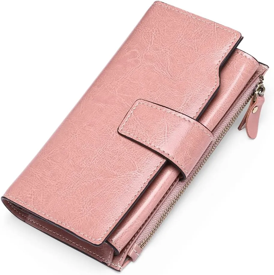 Long Women Leather Wallet Clutch RFID Blocking Clutch Card Holder Ladies Purse Zipper Pocket with Gift Box (Pink)