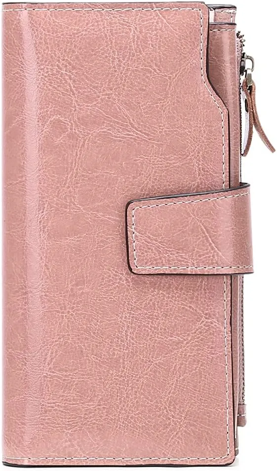 Long Women Leather Wallet Clutch RFID Blocking Clutch Card Holder Ladies Purse Zipper Pocket with Gift Box (Pink)