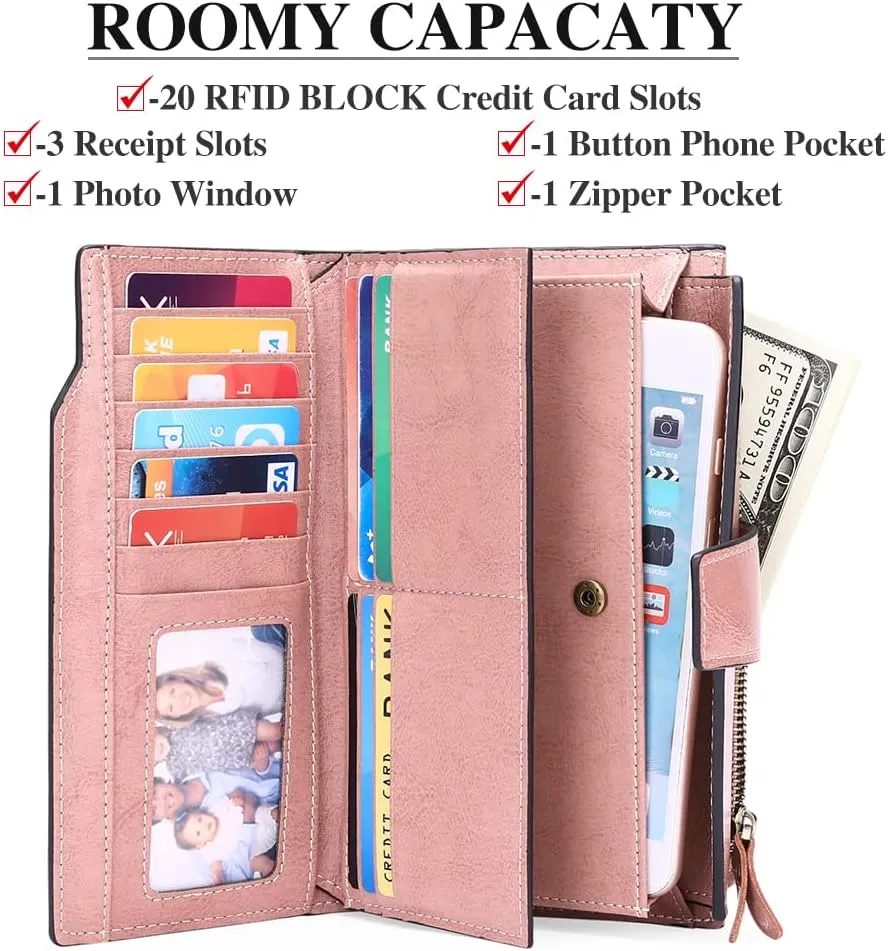Long Women Leather Wallet Clutch RFID Blocking Clutch Card Holder Ladies Purse Zipper Pocket with Gift Box (Pink)