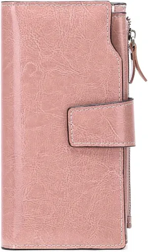 Long Women Leather Wallet Clutch RFID Blocking Clutch Card Holder Ladies Purse Zipper Pocket with Gift Box (Pink)