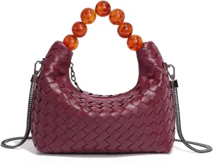 Mini Deluxe Leather Handmade Woven Women's Tote with Beaded Carrying Handle Age Reduced Elegant Chain Crossbody Bag