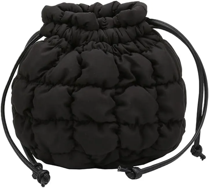 Mini Puffer Crossbody Bag for Women Quilted Drawstring Bucket Bag Puffy Purse Shoulder Nylon Hobo Handbag Lightweight