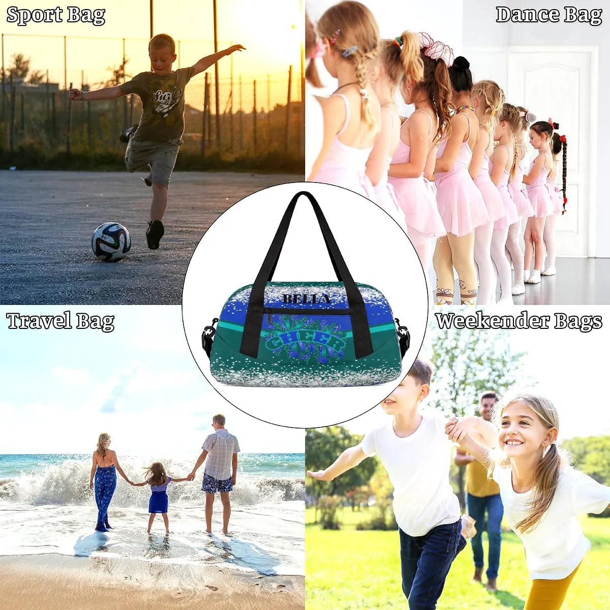 Personalized Cheer Bags for Cheerleaders Custom Cheer Bag for Girls Dark Green Blue Glitter Kids Travel Duffel Sport Gym Bag School Practice Dance Bag