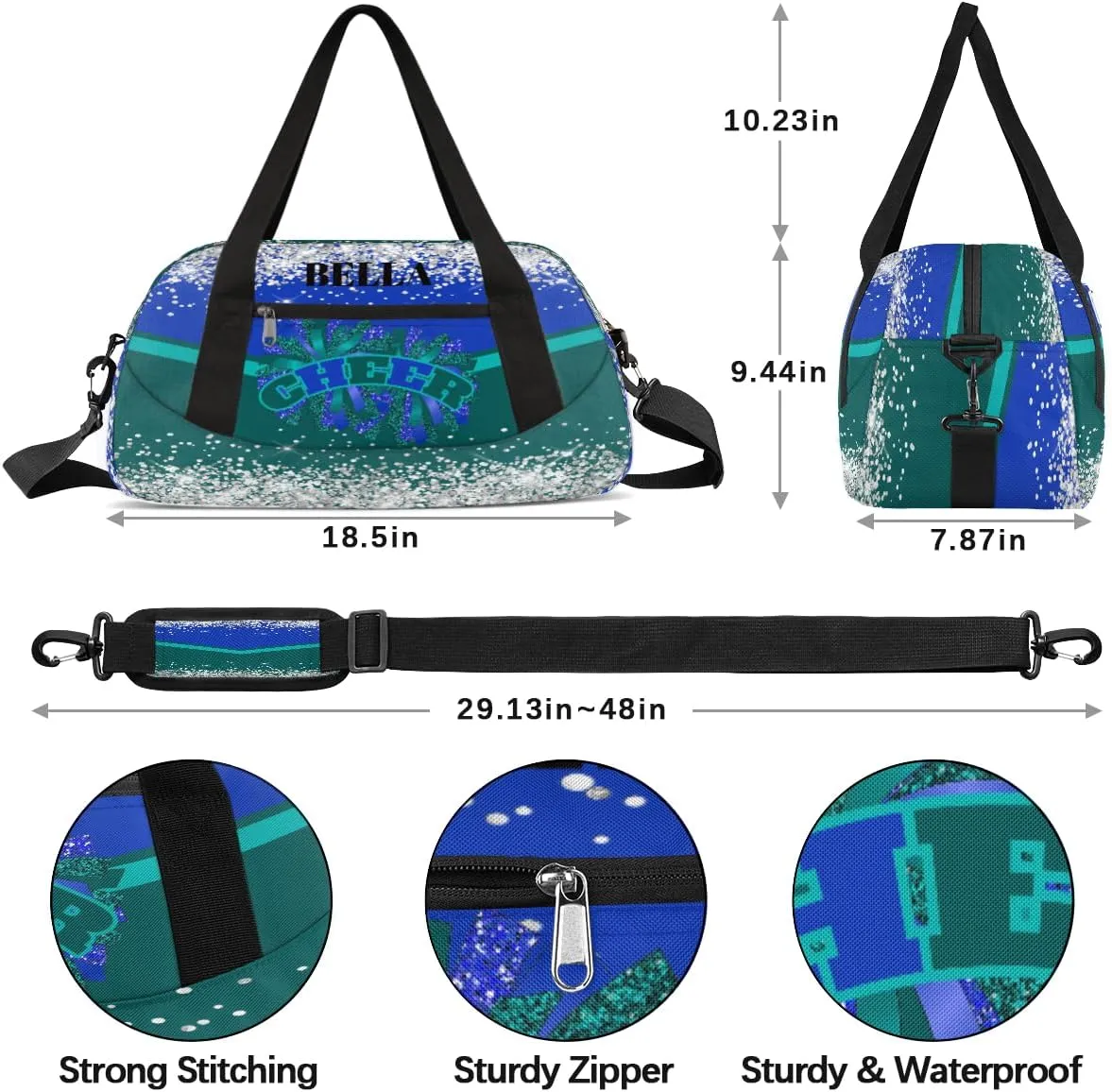 Personalized Cheer Bags for Cheerleaders Custom Cheer Bag for Girls Dark Green Blue Glitter Kids Travel Duffel Sport Gym Bag School Practice Dance Bag