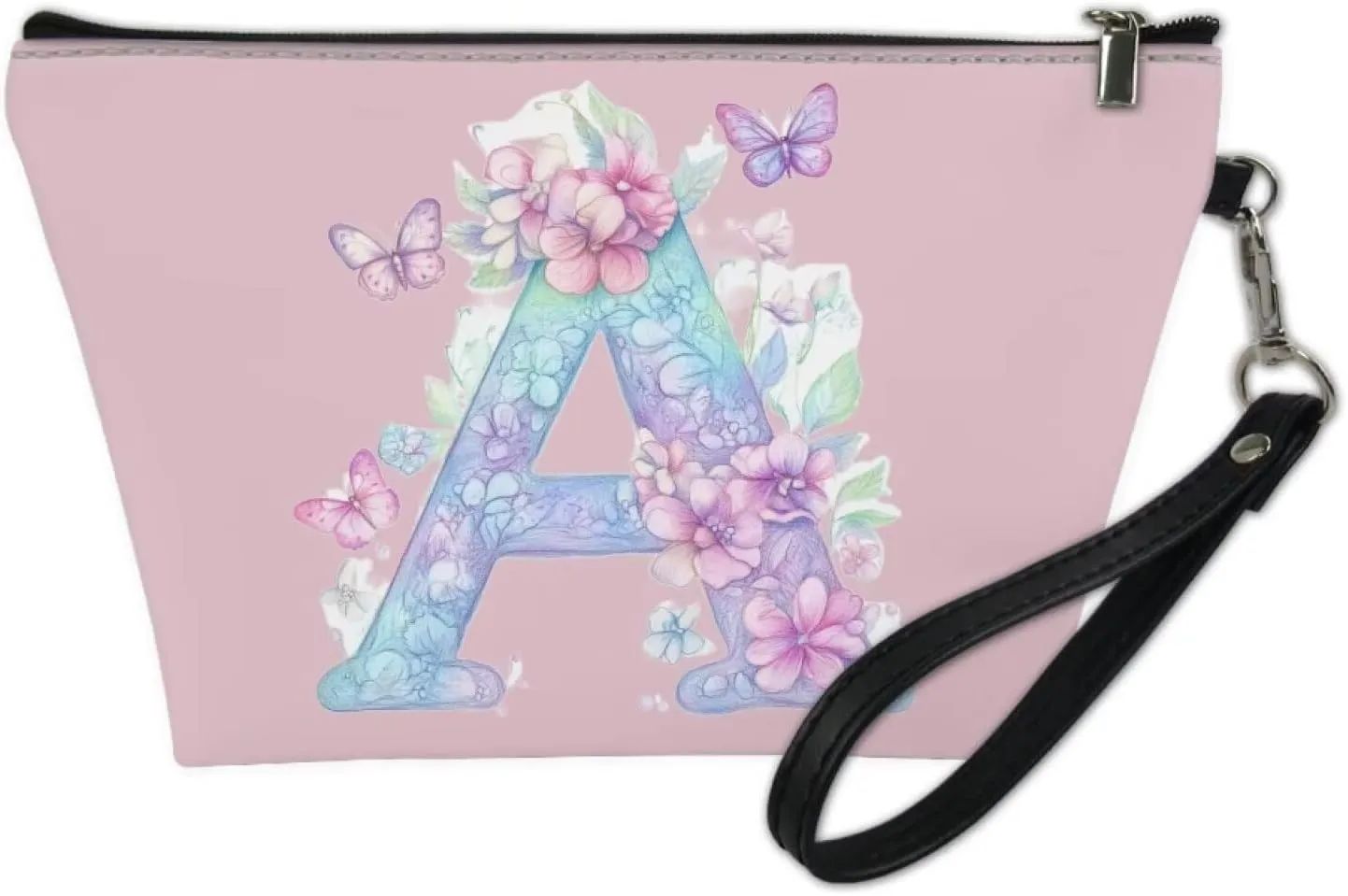Personalized Makeup Bag for Her  Vegan Leather Waterproof Cosmetic Organizer with Sturdy Zipper & Wrist Strap, 8.46" Slim Travel Toiletry Bag Essentials, Perfect Bridesmaid Gift Pink A