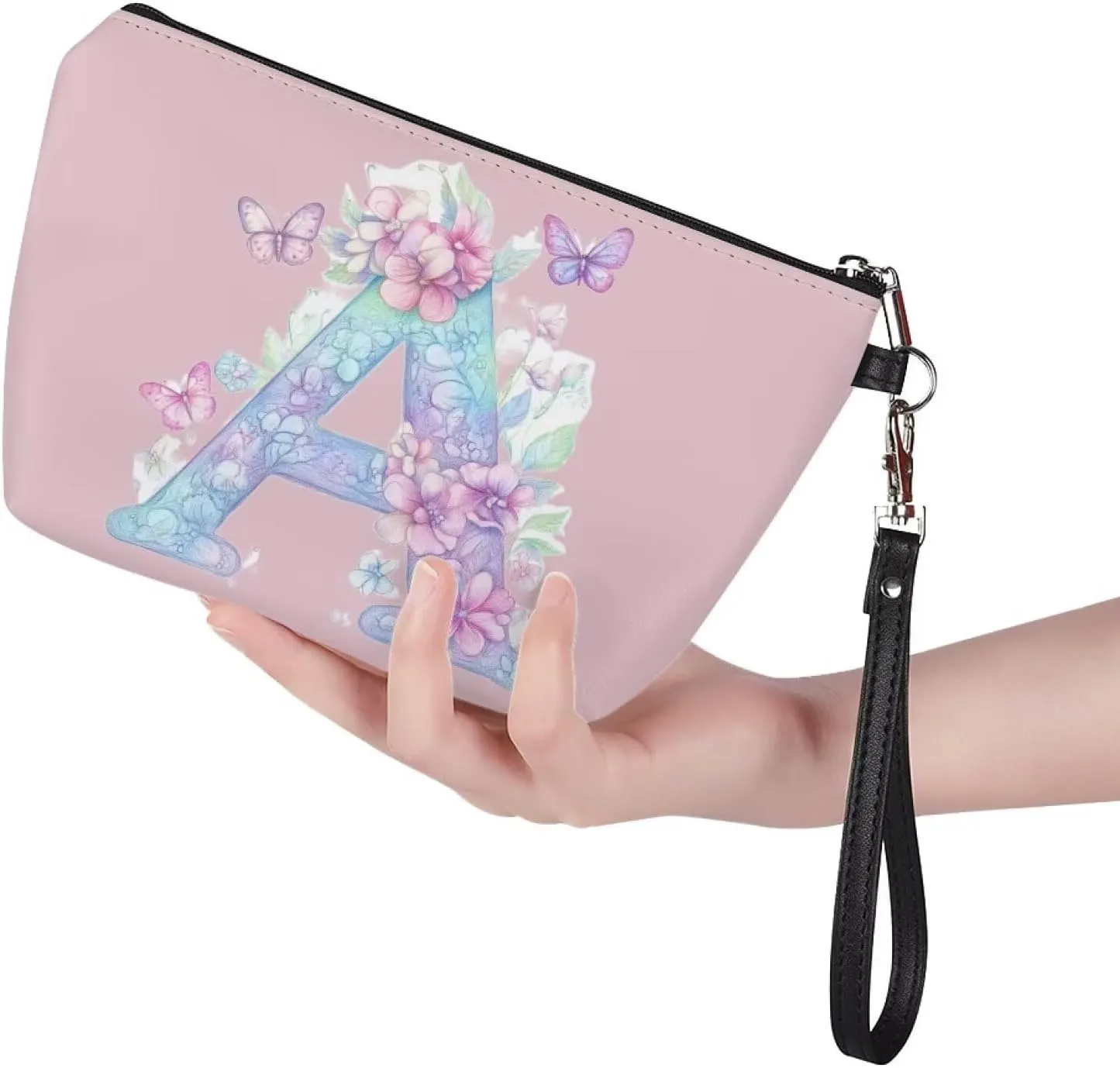 Personalized Makeup Bag for Her  Vegan Leather Waterproof Cosmetic Organizer with Sturdy Zipper & Wrist Strap, 8.46" Slim Travel Toiletry Bag Essentials, Perfect Bridesmaid Gift Pink A