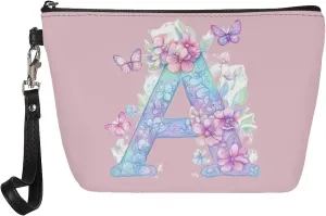 Personalized Makeup Bag for Her  Vegan Leather Waterproof Cosmetic Organizer with Sturdy Zipper & Wrist Strap, 8.46" Slim Travel Toiletry Bag Essentials, Perfect Bridesmaid Gift Pink A