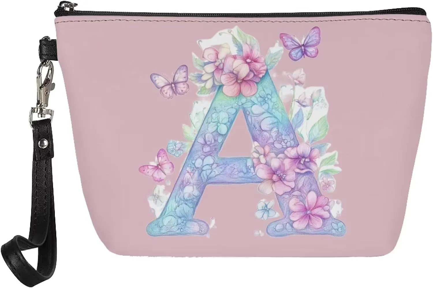 Personalized Makeup Bag for Her  Vegan Leather Waterproof Cosmetic Organizer with Sturdy Zipper & Wrist Strap, 8.46" Slim Travel Toiletry Bag Essentials, Perfect Bridesmaid Gift Pink A