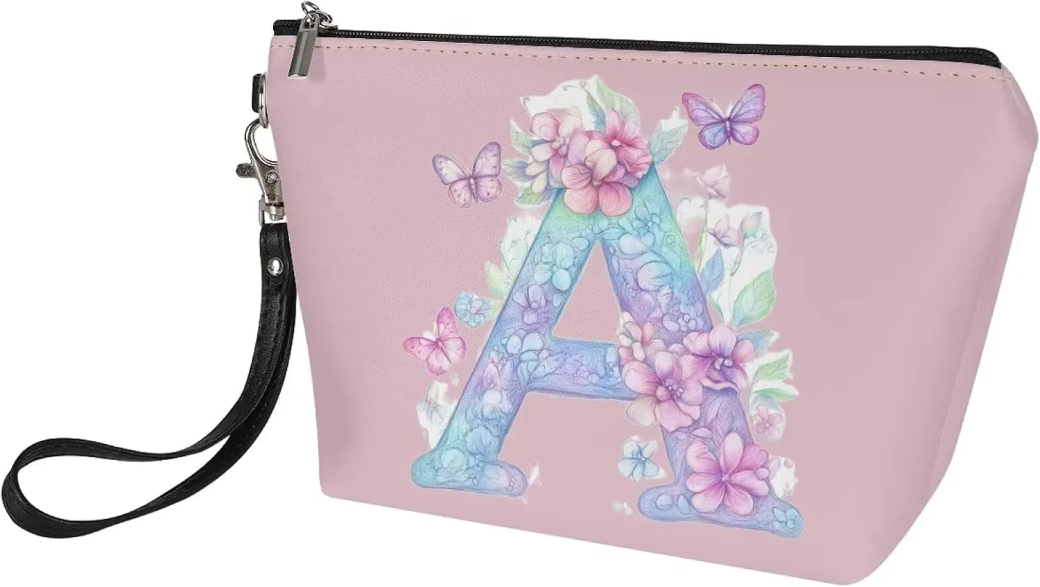 Personalized Makeup Bag for Her  Vegan Leather Waterproof Cosmetic Organizer with Sturdy Zipper & Wrist Strap, 8.46" Slim Travel Toiletry Bag Essentials, Perfect Bridesmaid Gift Pink A