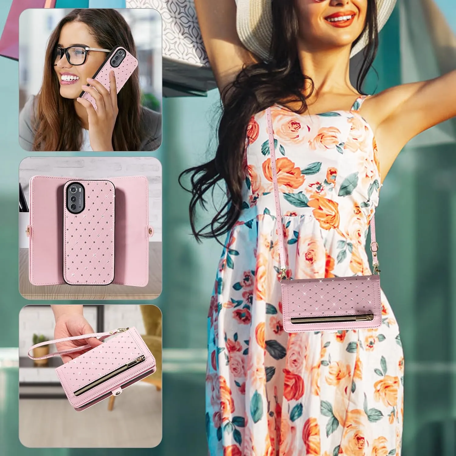 Phone Case for Motorola Moto Edge 2022/MotoEdge 5G UW 2022 Zipper Wallet Detachable Cell Cover with Screen Protector Crossbody Strap Bling Flip Credit Card Holder Gen 3 XT2205-1 XT2205-2 Women Pink