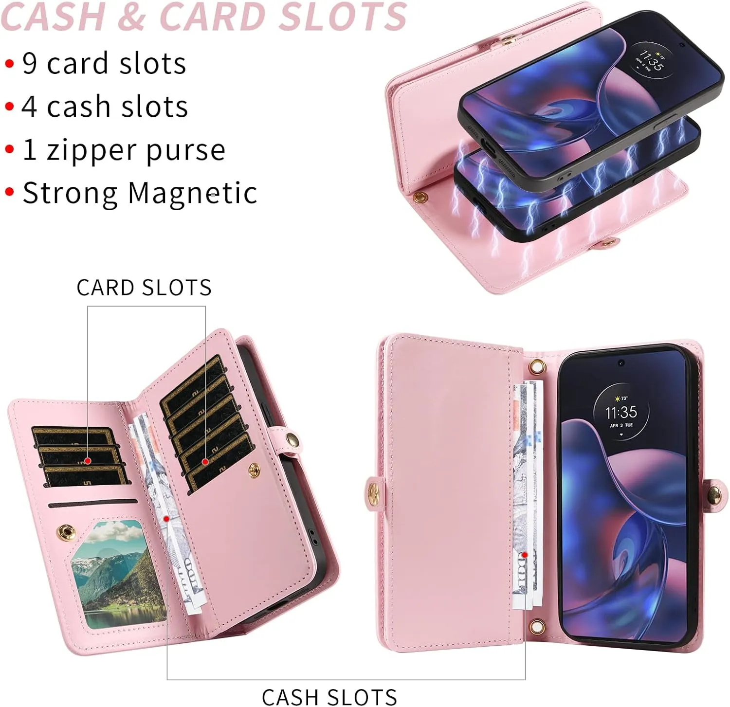 Phone Case for Motorola Moto Edge 2022/MotoEdge 5G UW 2022 Zipper Wallet Detachable Cell Cover with Screen Protector Crossbody Strap Bling Flip Credit Card Holder Gen 3 XT2205-1 XT2205-2 Women Pink