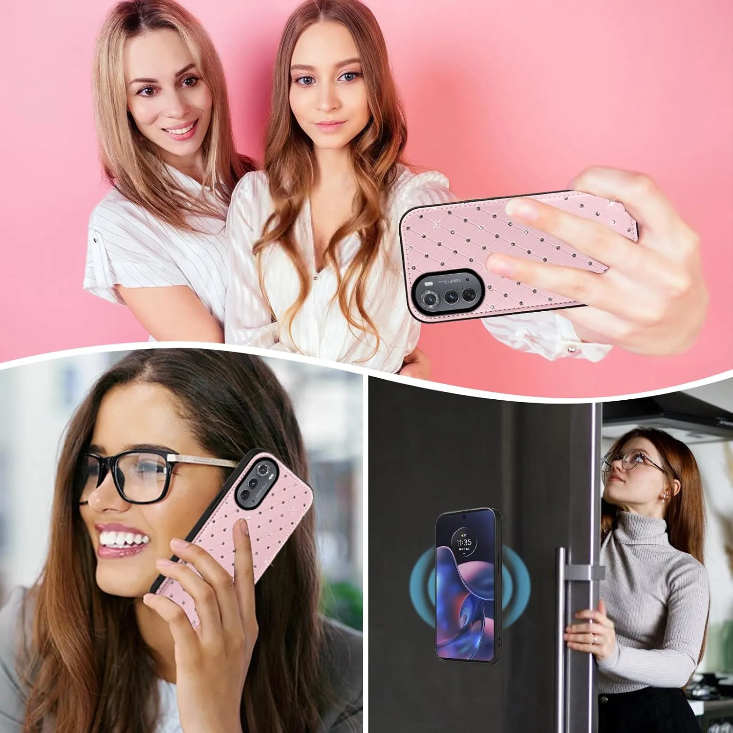 Phone Case for Motorola Moto Edge 2022/MotoEdge 5G UW 2022 Zipper Wallet Detachable Cell Cover with Screen Protector Crossbody Strap Bling Flip Credit Card Holder Gen 3 XT2205-1 XT2205-2 Women Pink
