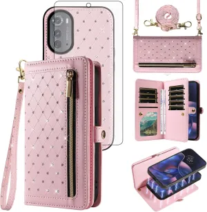 Phone Case for Motorola Moto Edge 2022/MotoEdge 5G UW 2022 Zipper Wallet Detachable Cell Cover with Screen Protector Crossbody Strap Bling Flip Credit Card Holder Gen 3 XT2205-1 XT2205-2 Women Pink