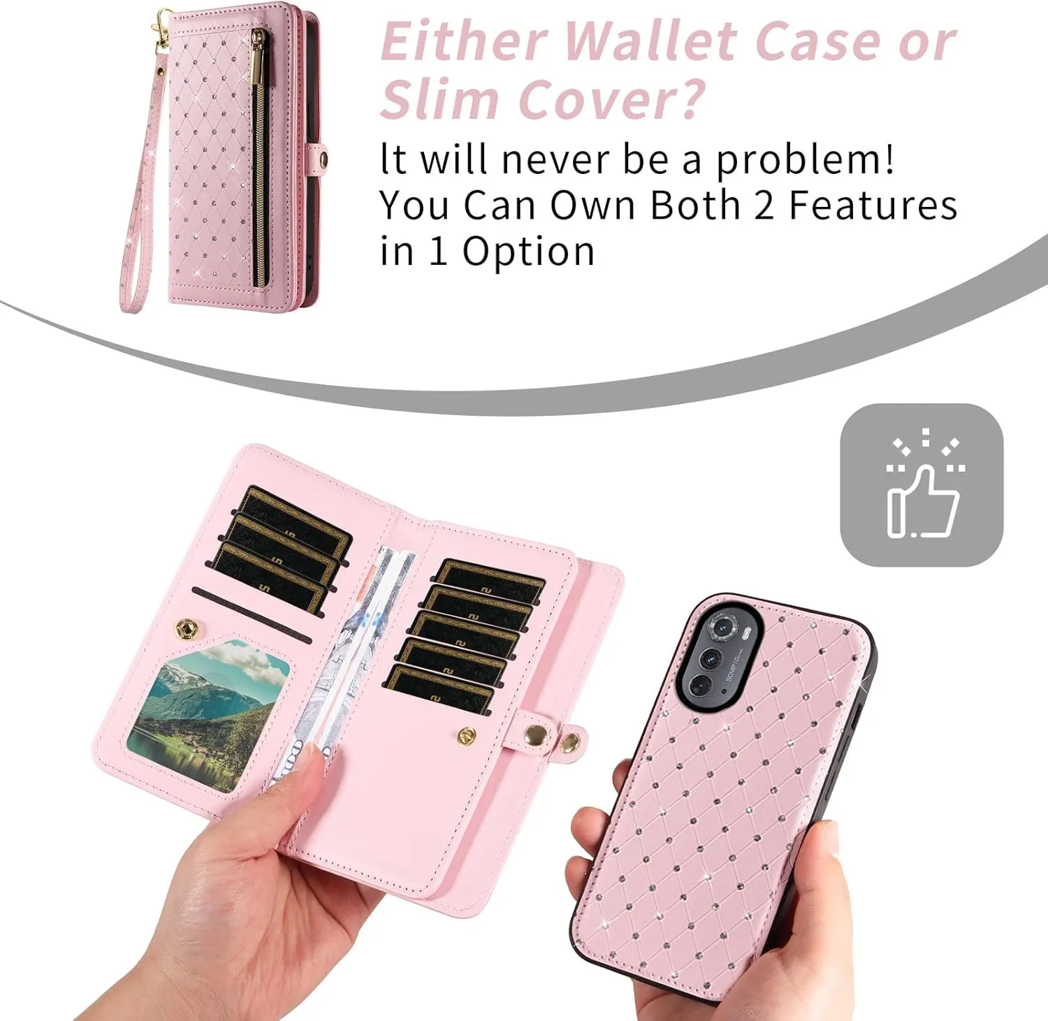 Phone Case for Motorola Moto Edge 2022/MotoEdge 5G UW 2022 Zipper Wallet Detachable Cell Cover with Screen Protector Crossbody Strap Bling Flip Credit Card Holder Gen 3 XT2205-1 XT2205-2 Women Pink