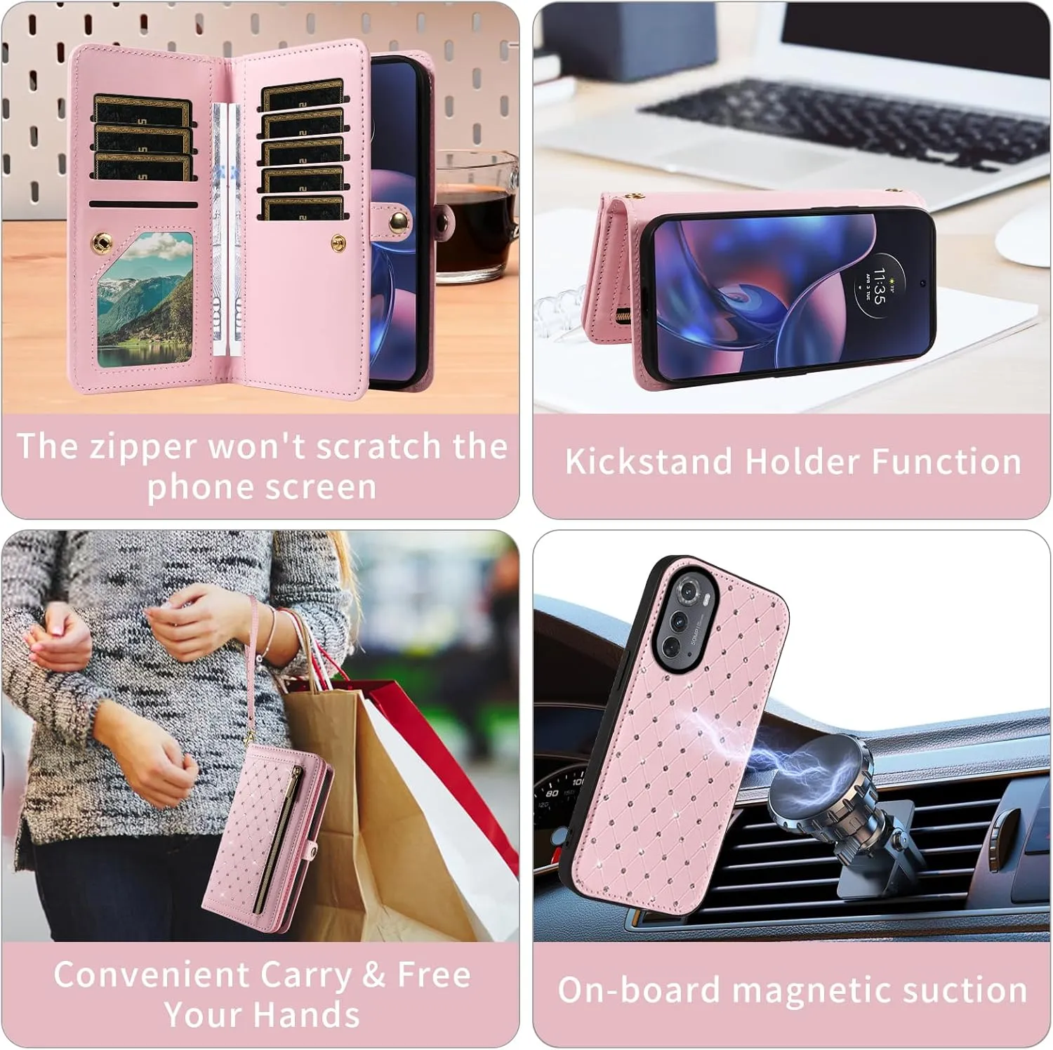 Phone Case for Motorola Moto Edge 2022/MotoEdge 5G UW 2022 Zipper Wallet Detachable Cell Cover with Screen Protector Crossbody Strap Bling Flip Credit Card Holder Gen 3 XT2205-1 XT2205-2 Women Pink