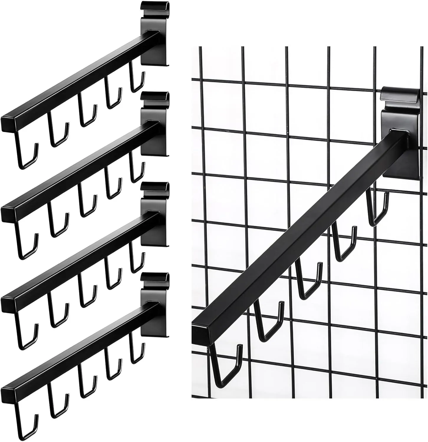 Qunclay 5 Packs Wire Grid Waterfall Faceout with 5 Hooks for Gridwall, J Hook Gridwall Hooks Square Tube Fixture for Grid Wall Totes Bag Merchandising Accessories Display 15.7 Inch(Black)