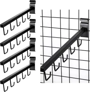 Qunclay 5 Packs Wire Grid Waterfall Faceout with 5 Hooks for Gridwall, J Hook Gridwall Hooks Square Tube Fixture for Grid Wall Totes Bag Merchandising Accessories Display 15.7 Inch(Black)