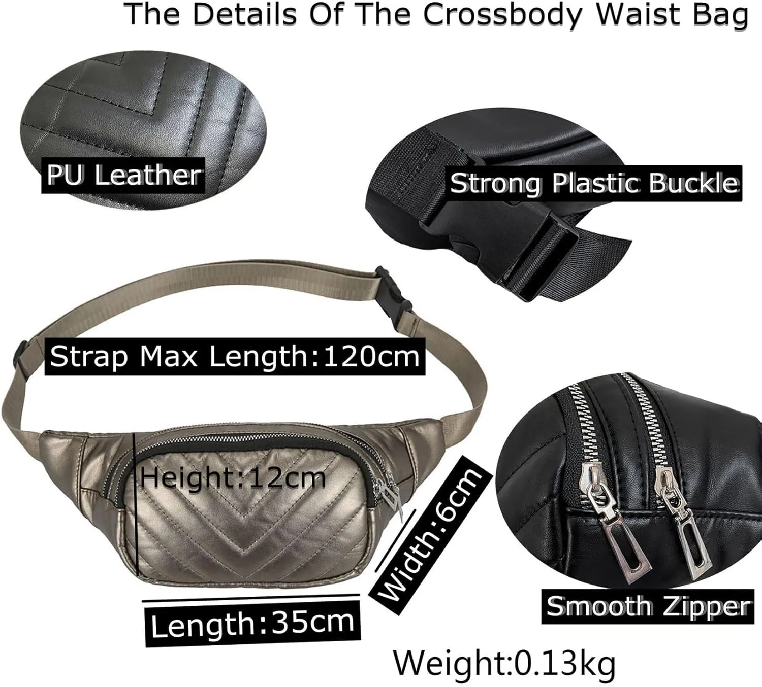 Small Belt Bags For Women,Sling Crossbody Fanny Pack,Cross Body Bag Purse For Trave,PU Leather,Gray Champagne