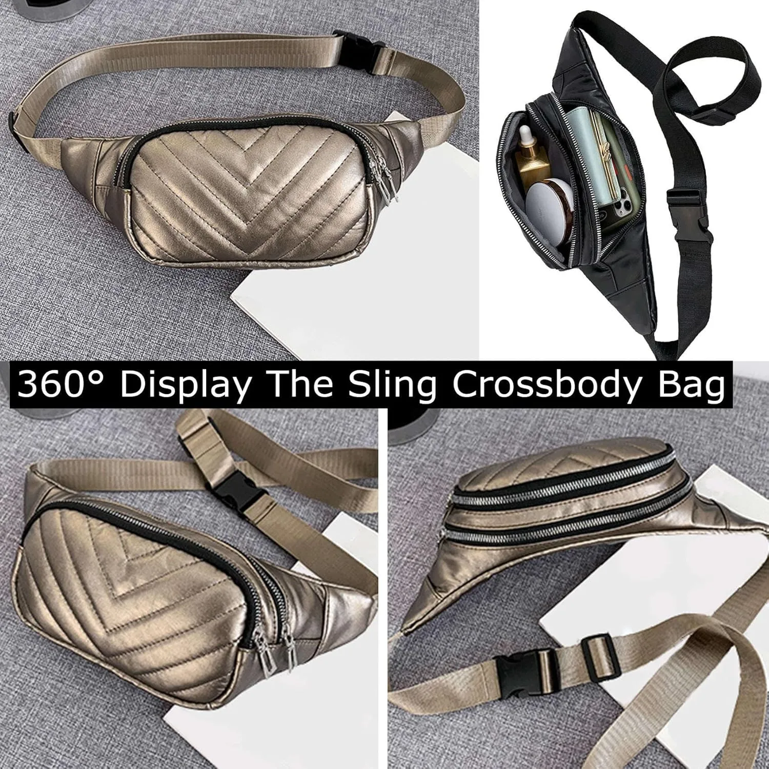Small Belt Bags For Women,Sling Crossbody Fanny Pack,Cross Body Bag Purse For Trave,PU Leather,Gray Champagne