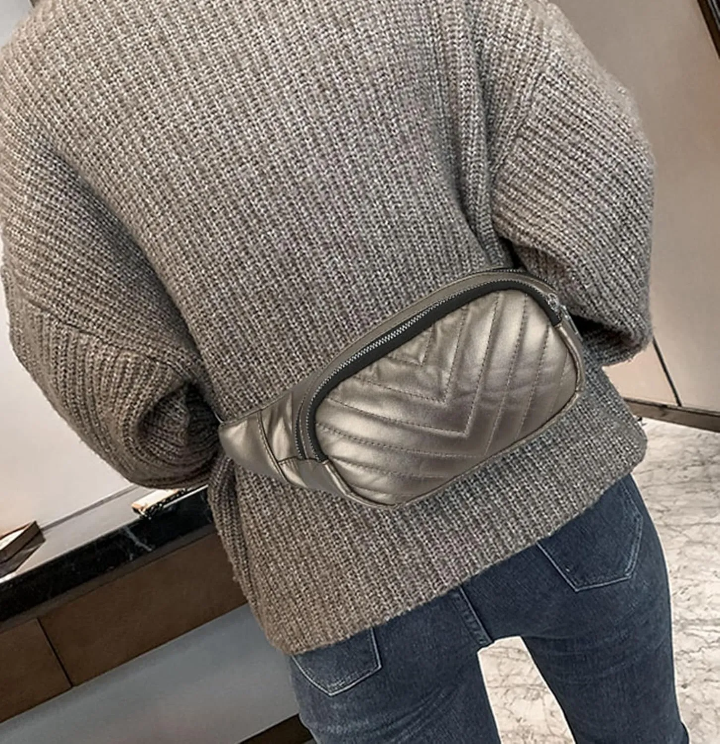 Small Belt Bags For Women,Sling Crossbody Fanny Pack,Cross Body Bag Purse For Trave,PU Leather,Gray Champagne