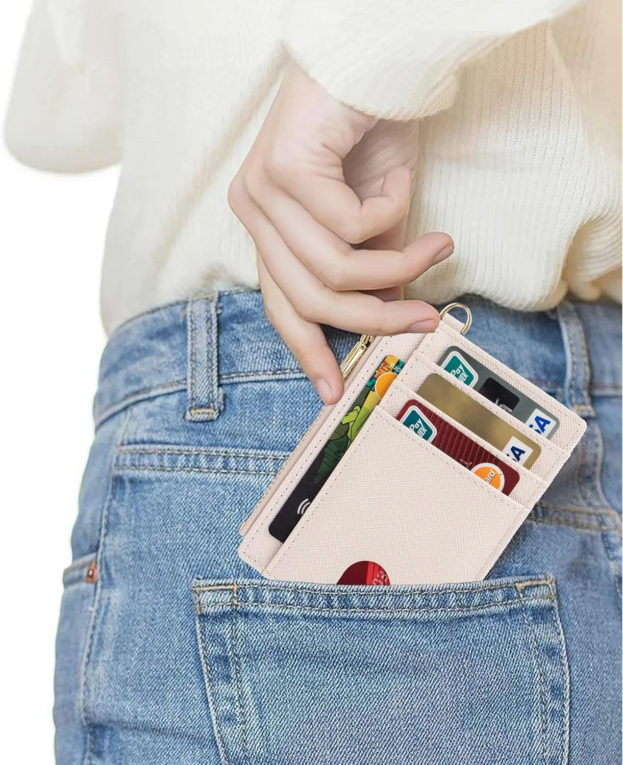Suweibuke Slim Pocket Wallet, RFID Blocking Credit Card Holder Wallet with D-Shackle ID Window and Detachable keychain for Women (A-Beige)