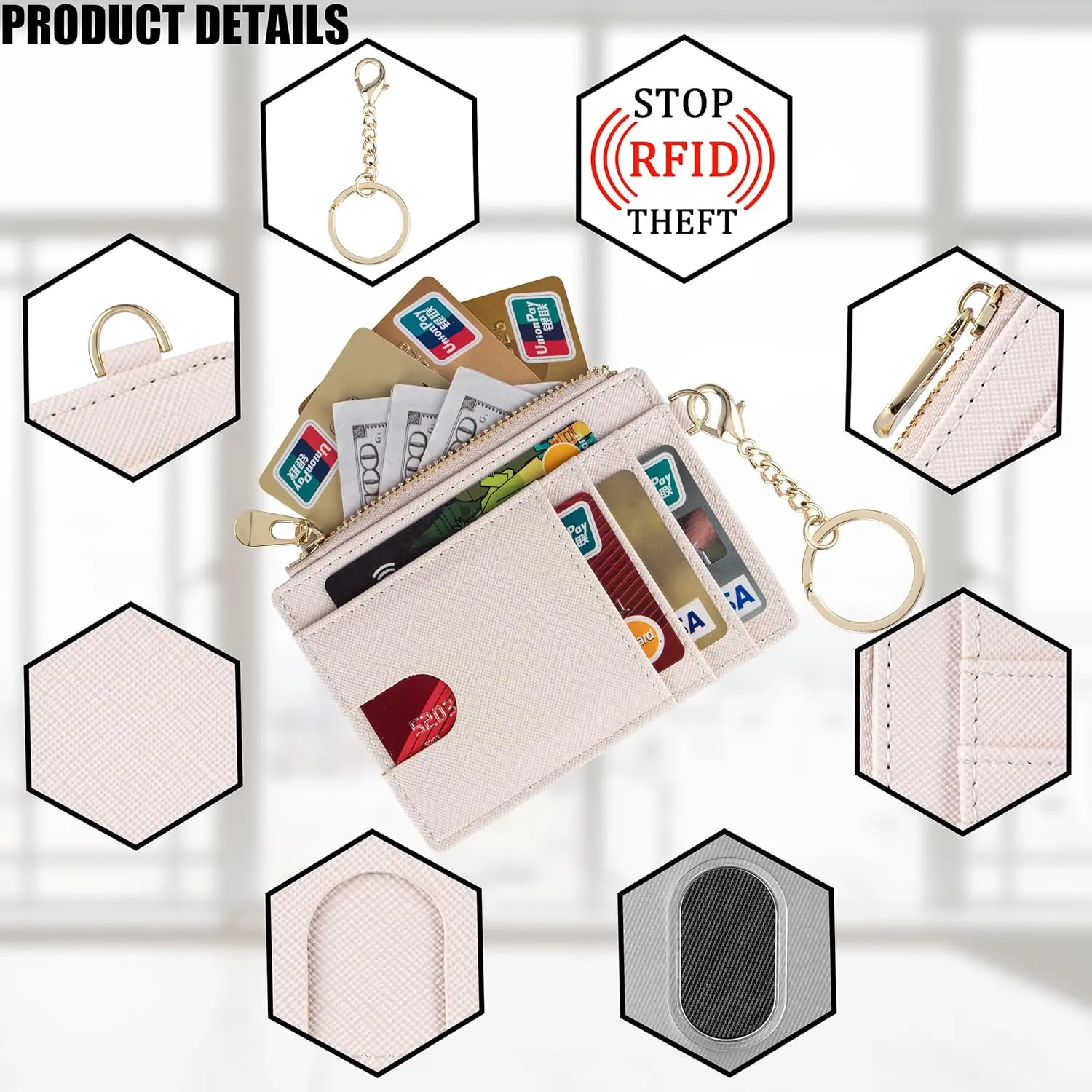 Suweibuke Slim Pocket Wallet, RFID Blocking Credit Card Holder Wallet with D-Shackle ID Window and Detachable keychain for Women (A-Beige)