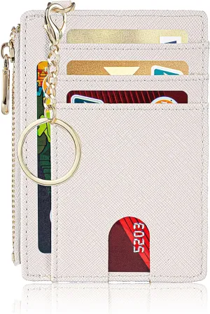 Suweibuke Slim Pocket Wallet, RFID Blocking Credit Card Holder Wallet with D-Shackle ID Window and Detachable keychain for Women (A-Beige)