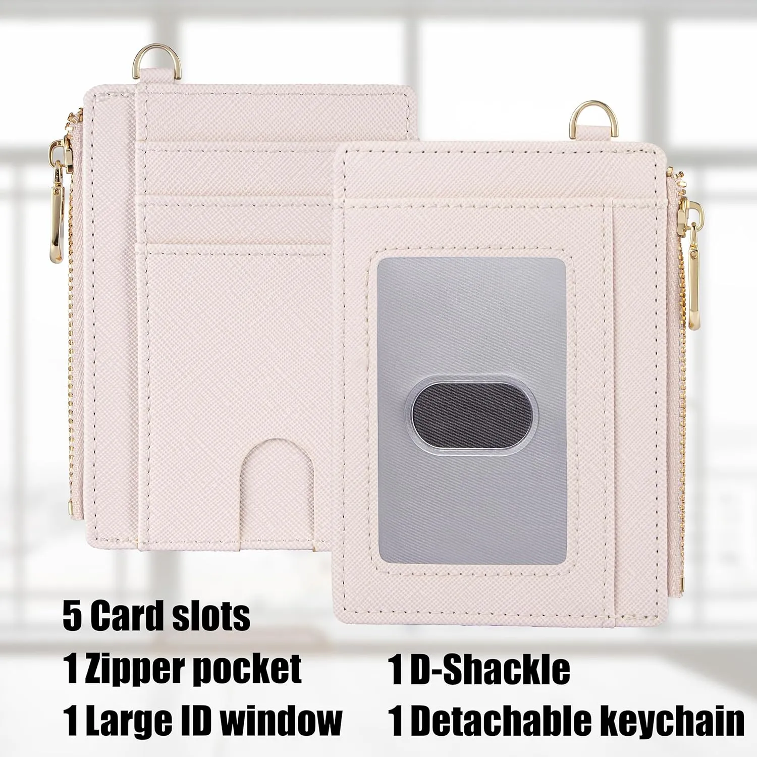Suweibuke Slim Pocket Wallet, RFID Blocking Credit Card Holder Wallet with D-Shackle ID Window and Detachable keychain for Women (A-Beige)