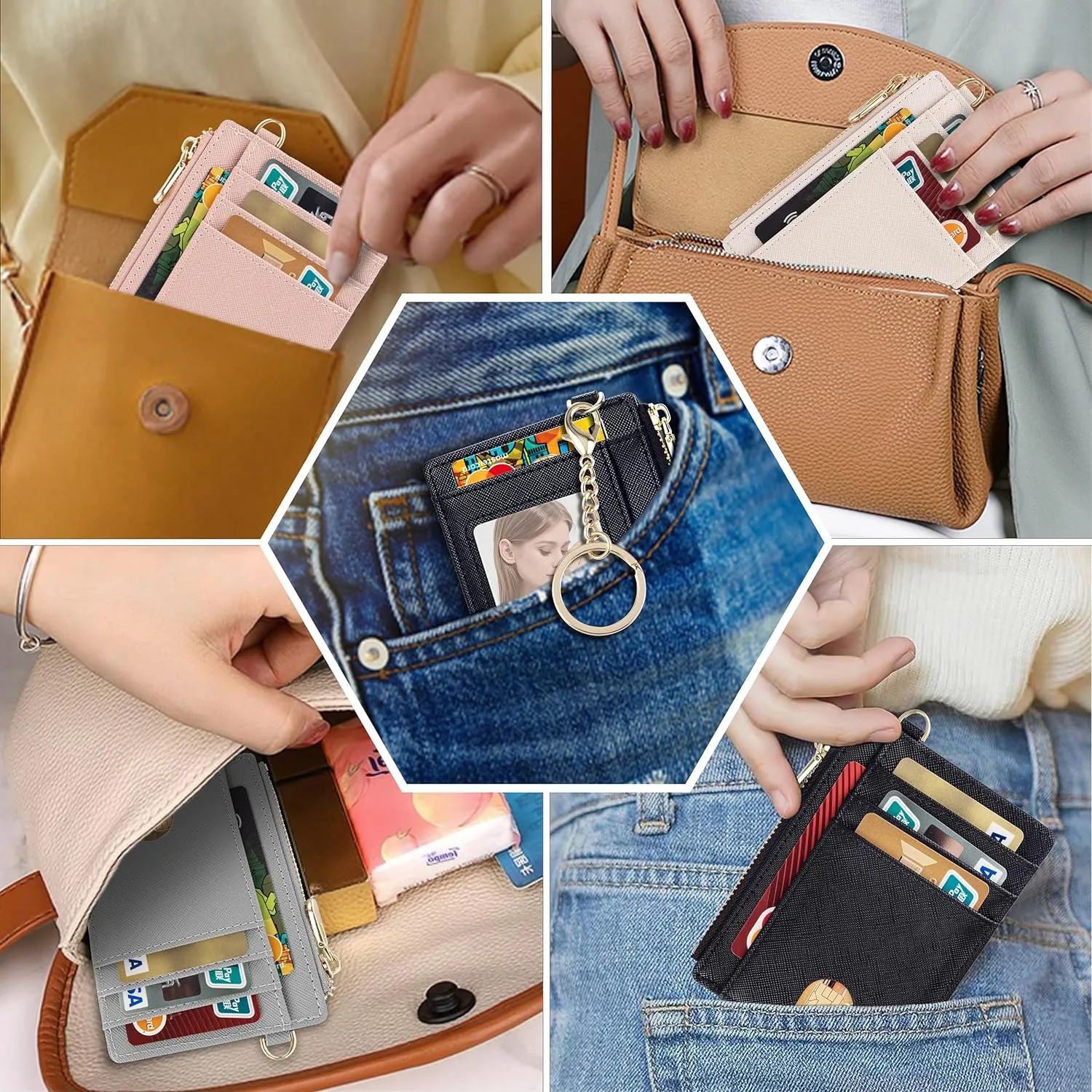 Suweibuke Slim Pocket Wallet, RFID Blocking Credit Card Holder Wallet with D-Shackle ID Window and Detachable keychain for Women (A-Beige)