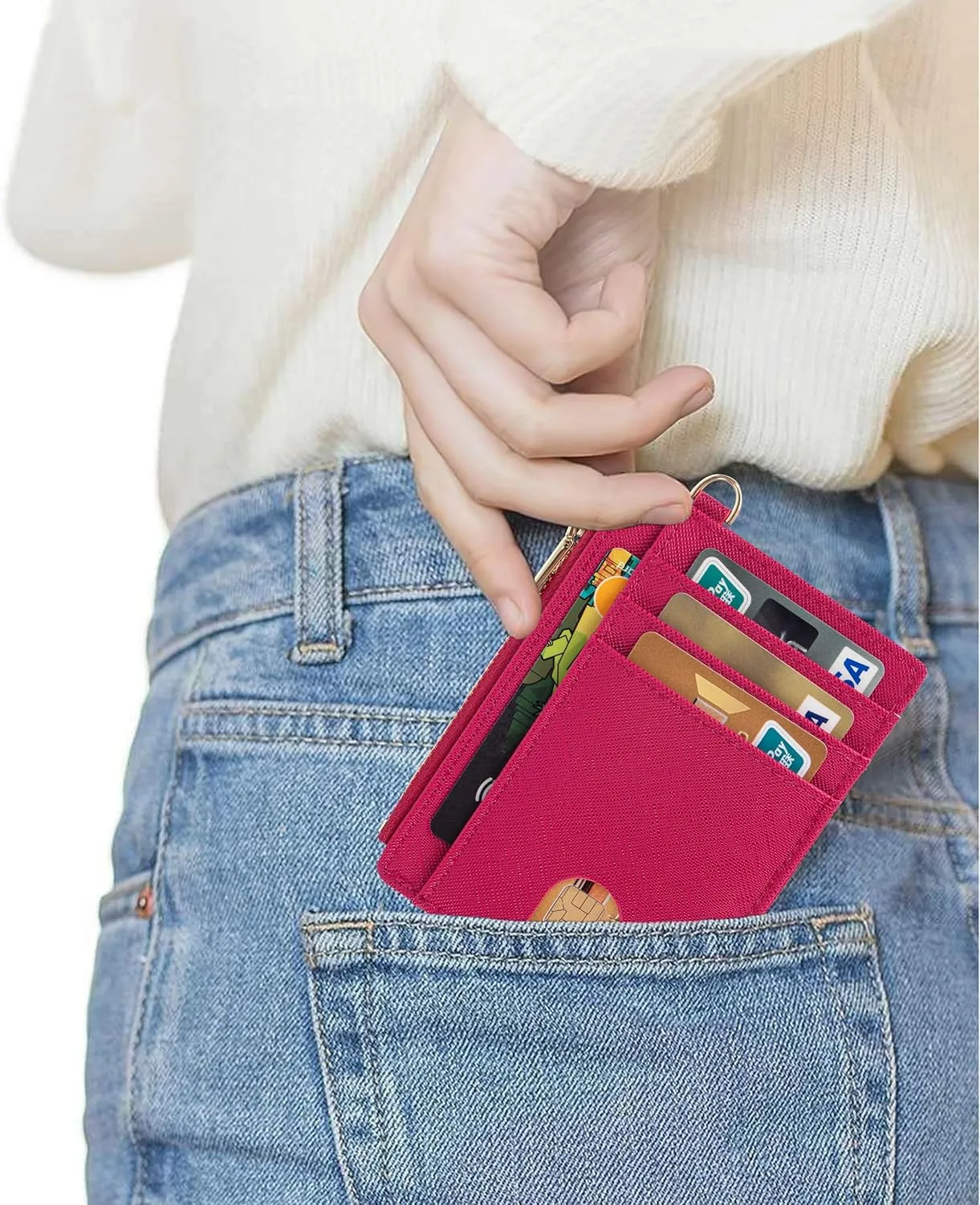 Suweibuke Slim Pocket Wallet, RFID Blocking Credit Card Holder Wallet with D-Shackle ID Window and Detachable keychain for Women (A-Burgundy Red)