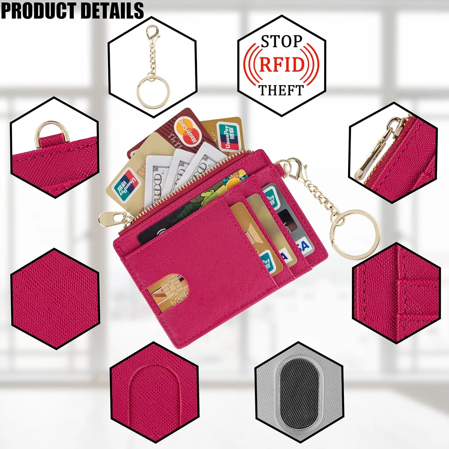 Suweibuke Slim Pocket Wallet, RFID Blocking Credit Card Holder Wallet with D-Shackle ID Window and Detachable keychain for Women (A-Burgundy Red)
