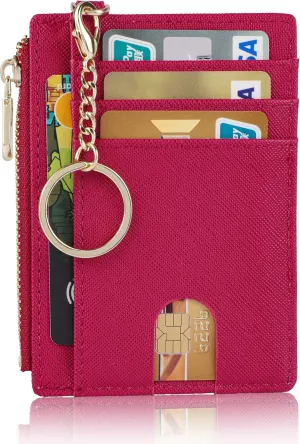 Suweibuke Slim Pocket Wallet, RFID Blocking Credit Card Holder Wallet with D-Shackle ID Window and Detachable keychain for Women (A-Burgundy Red)