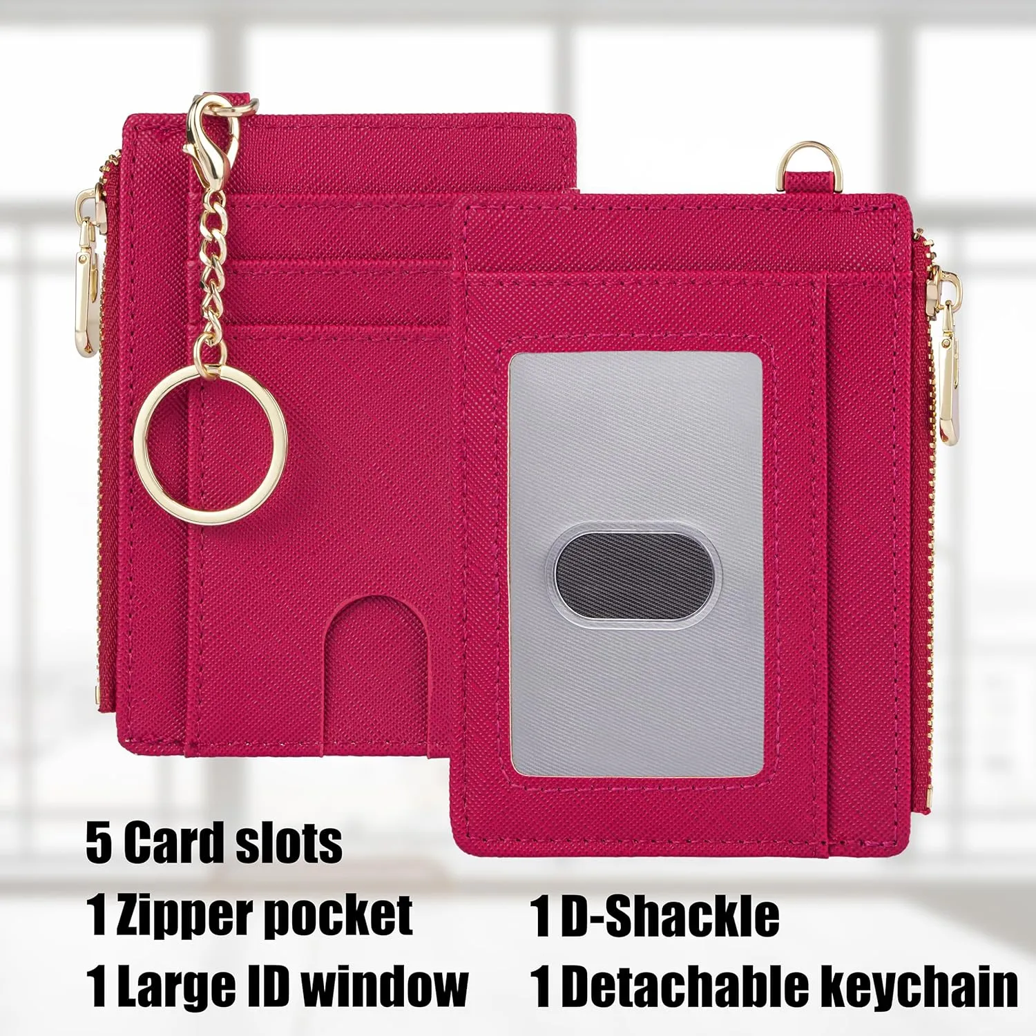 Suweibuke Slim Pocket Wallet, RFID Blocking Credit Card Holder Wallet with D-Shackle ID Window and Detachable keychain for Women (A-Burgundy Red)