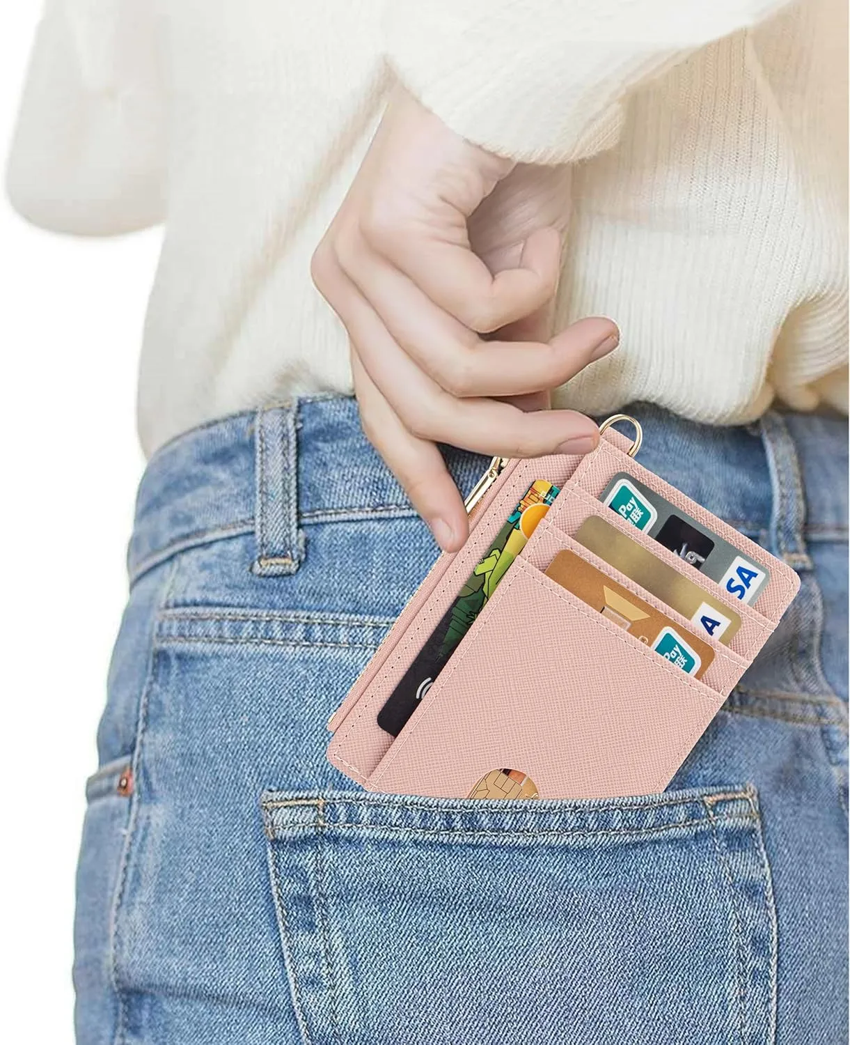 Suweibuke Slim Pocket Wallet, RFID Blocking Credit Card Holder Wallet with D-Shackle ID Window and Detachable keychain for Women (A-Coral Pink)