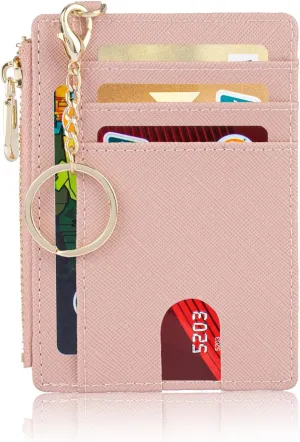 Suweibuke Slim Pocket Wallet, RFID Blocking Credit Card Holder Wallet with D-Shackle ID Window and Detachable keychain for Women (A-Coral Pink)