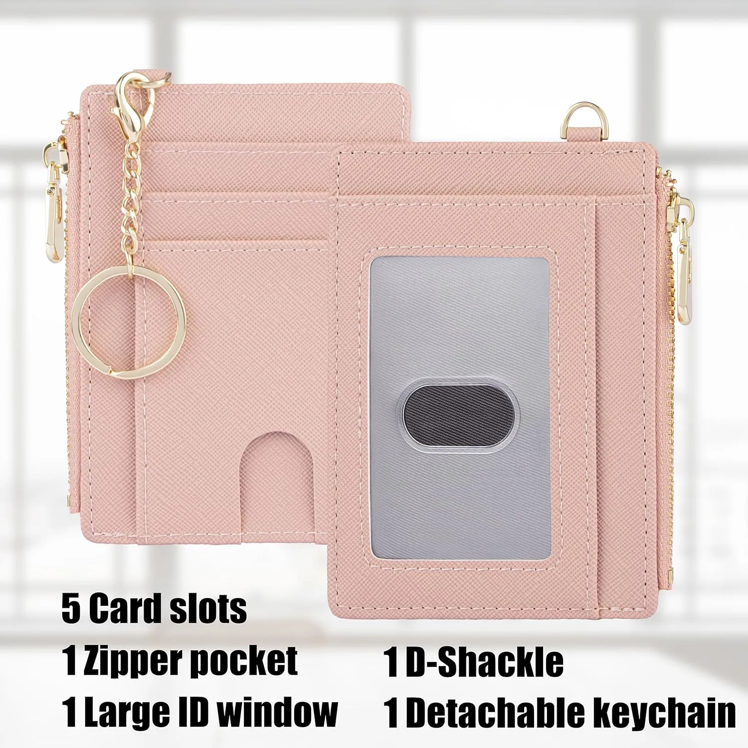 Suweibuke Slim Pocket Wallet, RFID Blocking Credit Card Holder Wallet with D-Shackle ID Window and Detachable keychain for Women (A-Coral Pink)
