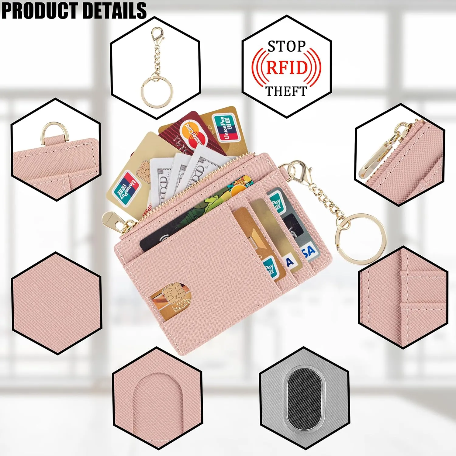 Suweibuke Slim Pocket Wallet, RFID Blocking Credit Card Holder Wallet with D-Shackle ID Window and Detachable keychain for Women (A-Coral Pink)