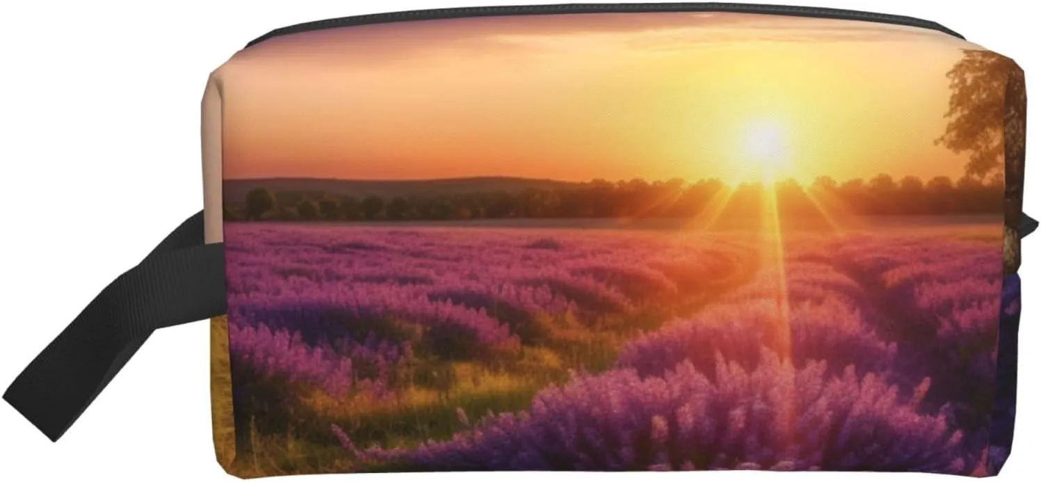 Travel Toiletry Bag for Women Men Leather Makeup Bag Large Portable Travel Organizer Lavender Meadow at Sunset Spring Cosmetic Bag with Hanging Hook Travel Bathroom Bag Zipper Pouch Purse