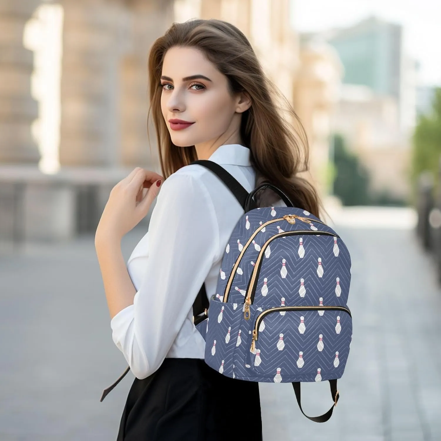 VIGTRO Women Fashion Backpack Quilted Mini Purse Bowling Pattern Blue Background, Lightweight Travel Casual Shoulder Backpack with Adjustable Straps Size S