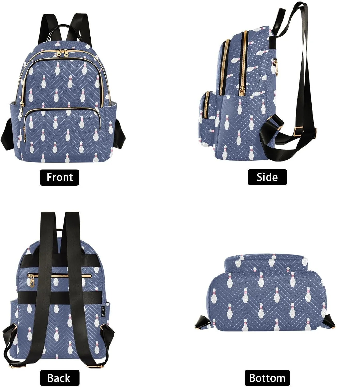 VIGTRO Women Fashion Backpack Quilted Mini Purse Bowling Pattern Blue Background, Lightweight Travel Casual Shoulder Backpack with Adjustable Straps Size S