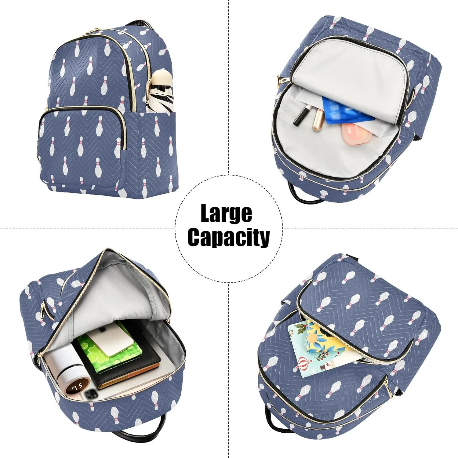 VIGTRO Women Fashion Backpack Quilted Mini Purse Bowling Pattern Blue Background, Lightweight Travel Casual Shoulder Backpack with Adjustable Straps Size S