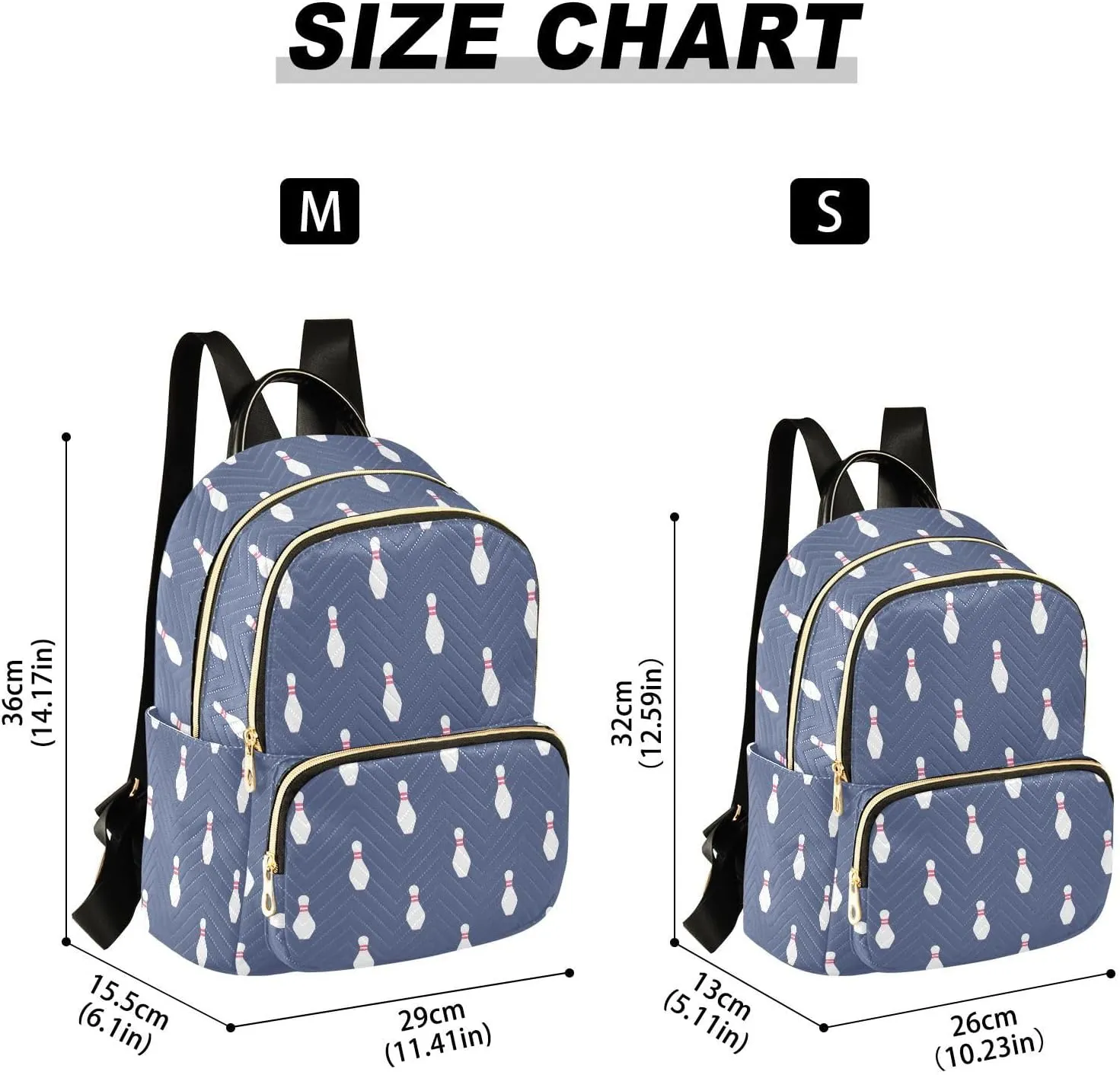 VIGTRO Women Fashion Backpack Quilted Mini Purse Bowling Pattern Blue Background, Lightweight Travel Casual Shoulder Backpack with Adjustable Straps Size S