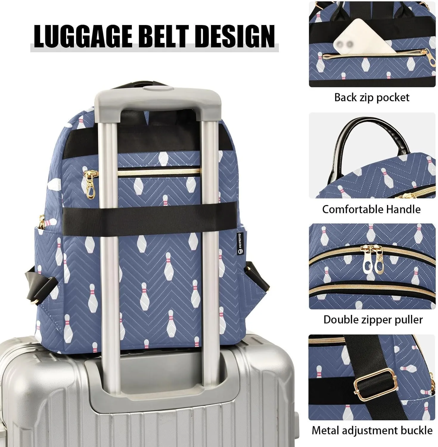 VIGTRO Women Fashion Backpack Quilted Mini Purse Bowling Pattern Blue Background, Lightweight Travel Casual Shoulder Backpack with Adjustable Straps Size S